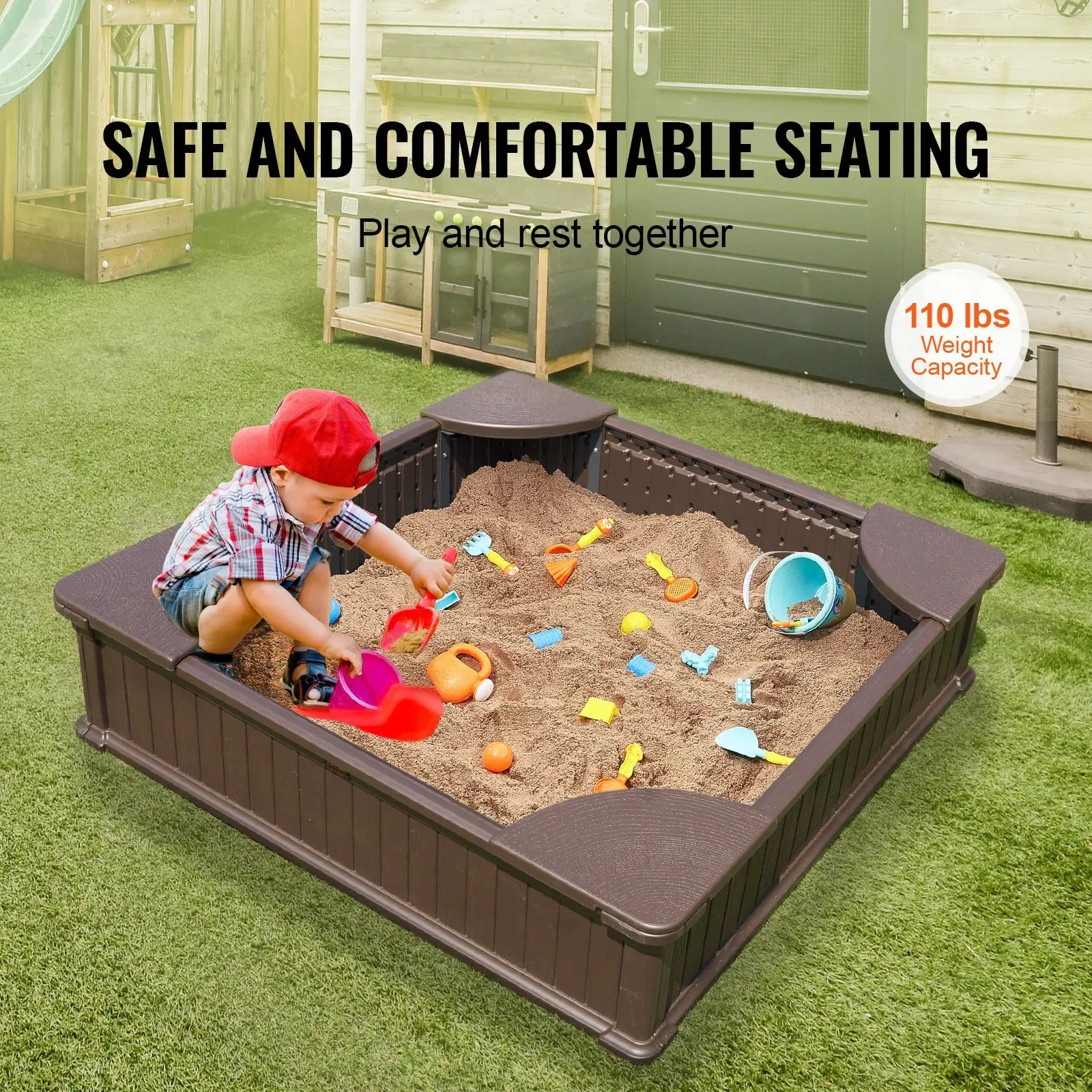 4 Corner Seating And Bottom Liner Square Sand Box With Cover