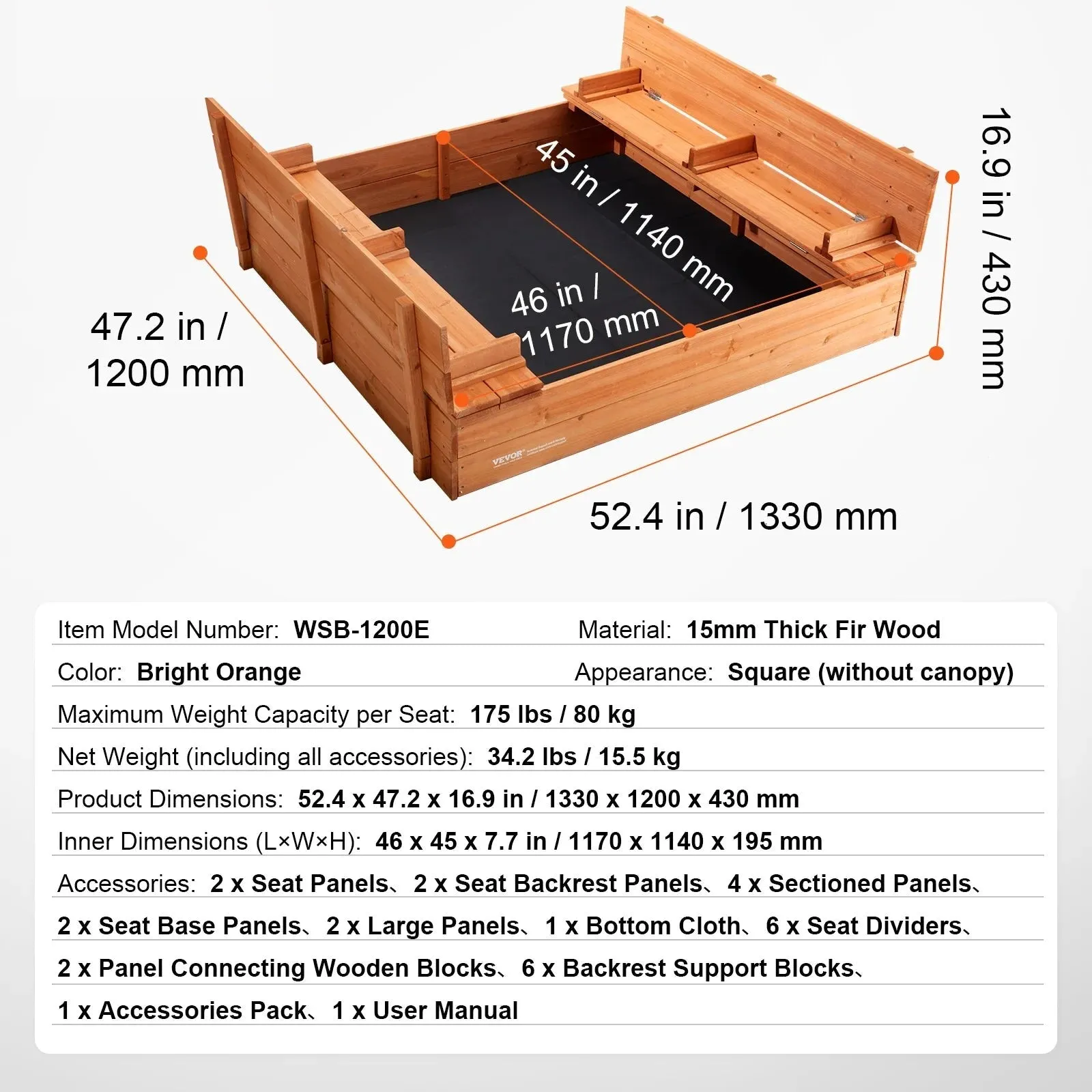 4 Corner Seating And Bottom Liner Square Sand Box With Cover