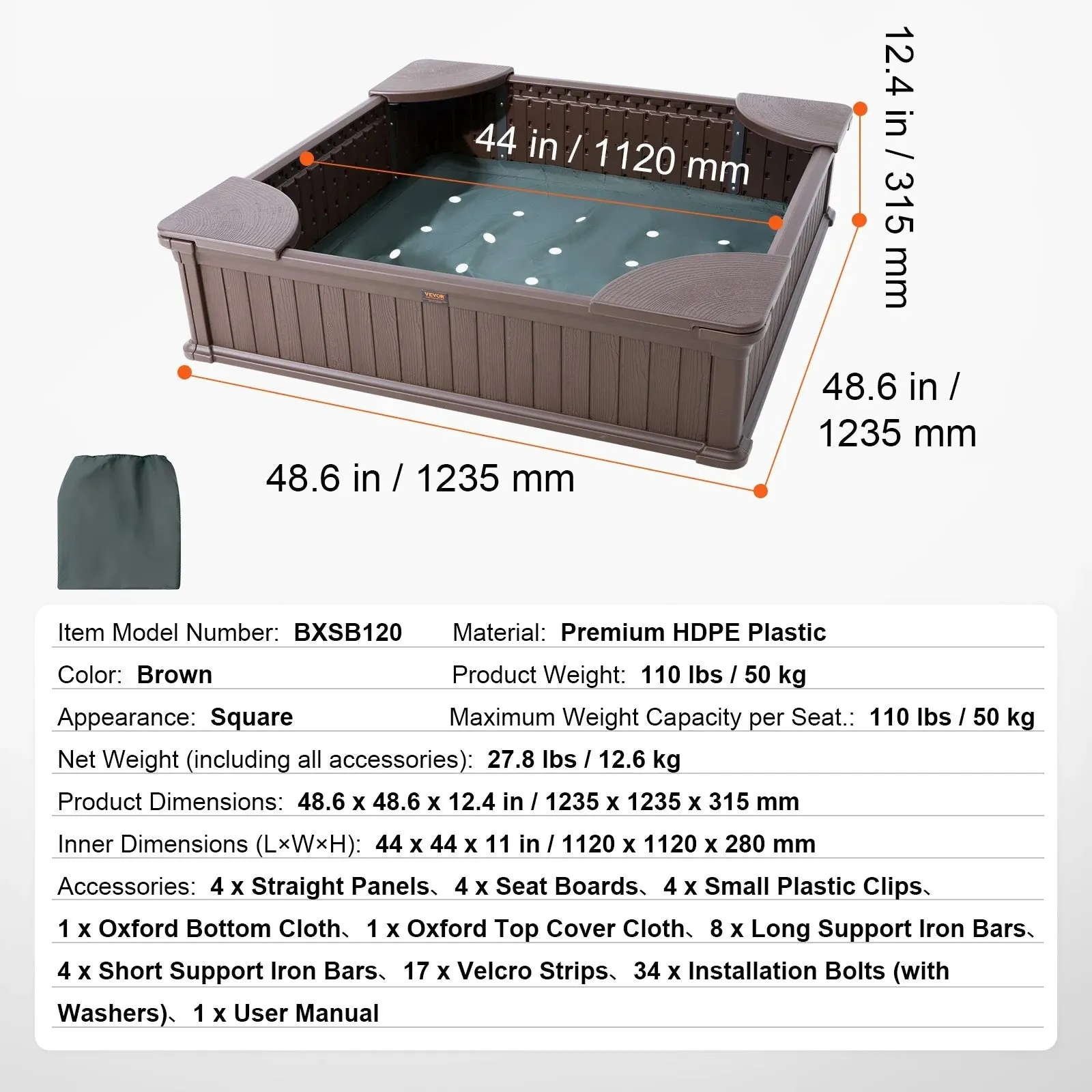 4 Corner Seating And Bottom Liner Square Sand Box With Cover