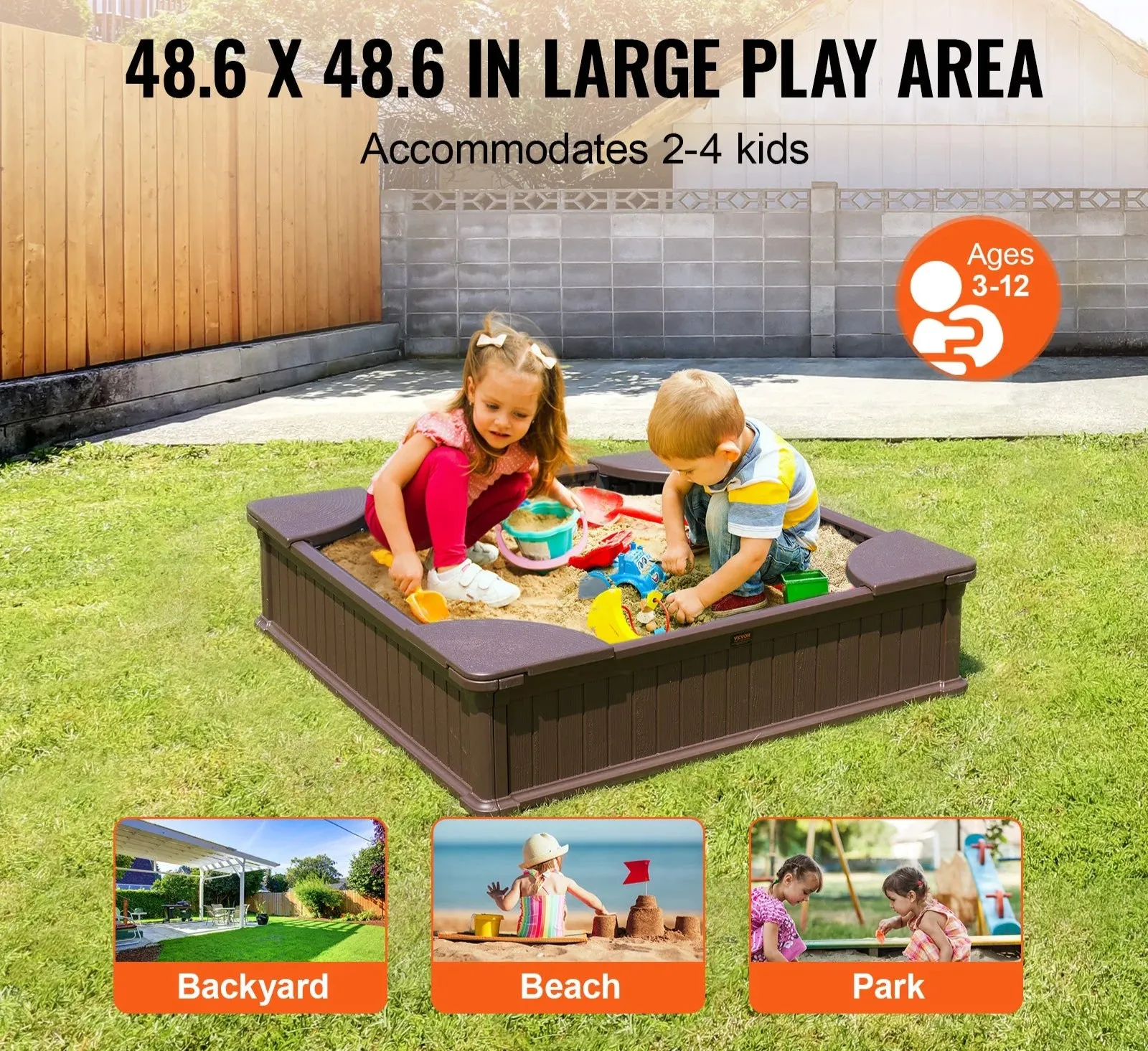 4 Corner Seating And Bottom Liner Square Sand Box With Cover