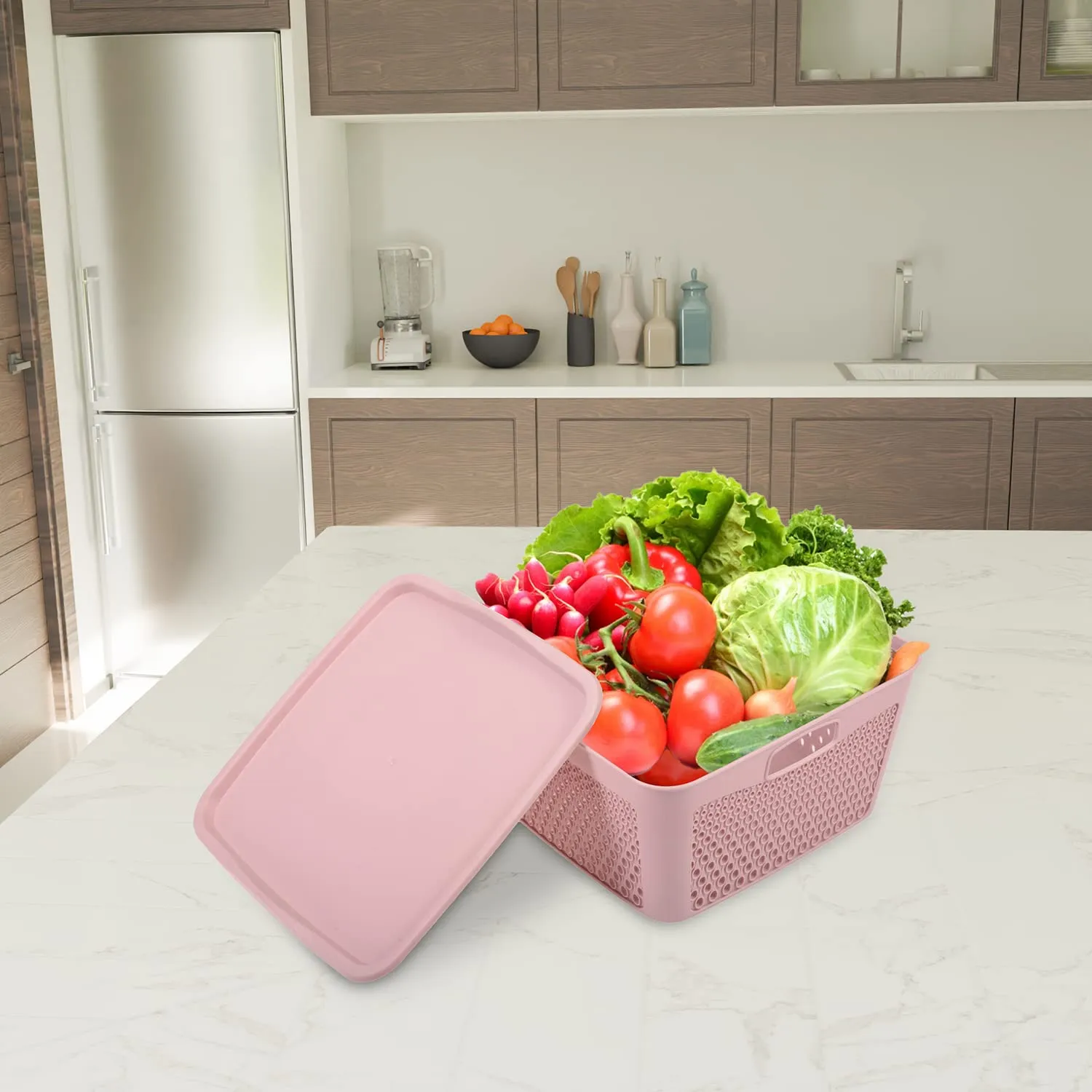 Kuber Industries Netted Design Unbreakable Multipurpose Square Shape Plastic Storage Baskets with lid Large Pack of 3 (Grey)