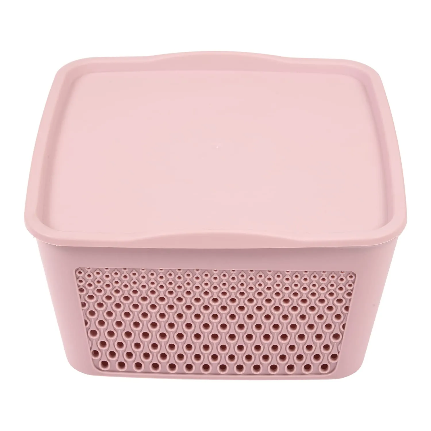 Kuber Industries Netted Design Unbreakable Multipurpose Square Shape Plastic Storage Baskets with lid Large Pack of 3 (Grey)
