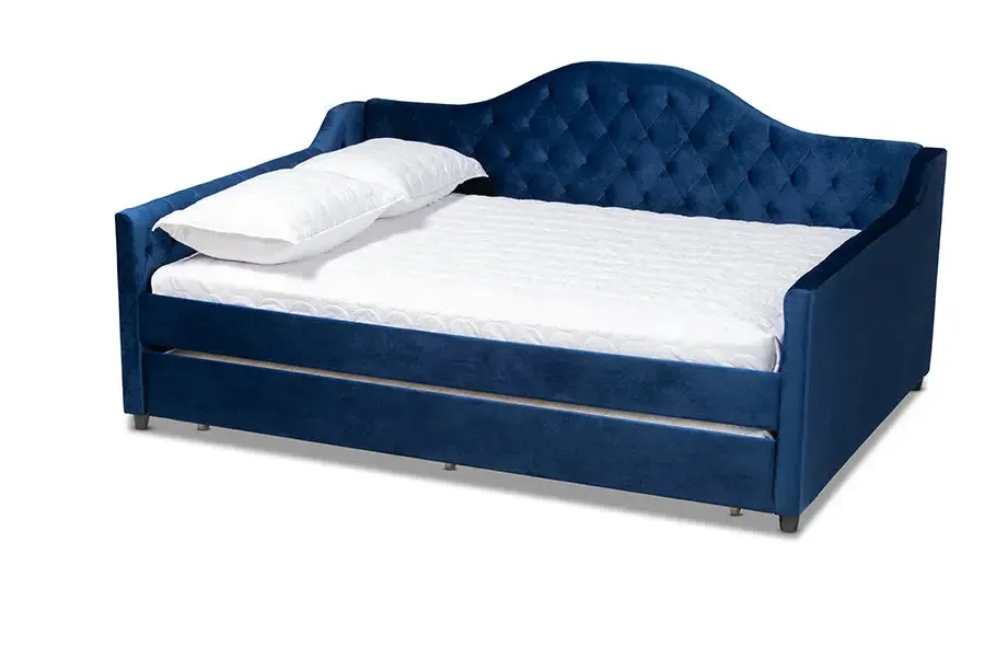 Mira Royal Blue Velvet Fabric Upholstered and Button Tufted Full Size Daybed w/Trundle
