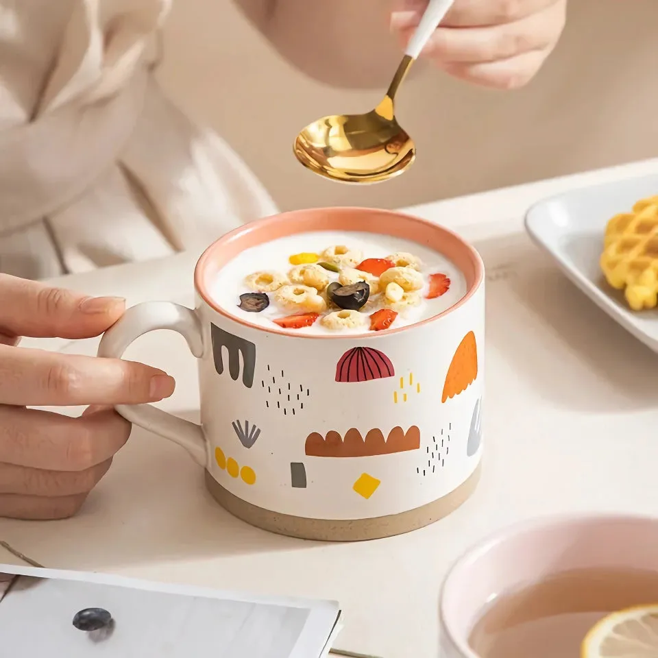Nordic Painted Flowers Ceramic Mug – 400ml Coffee, Tea, and Breakfast Cup