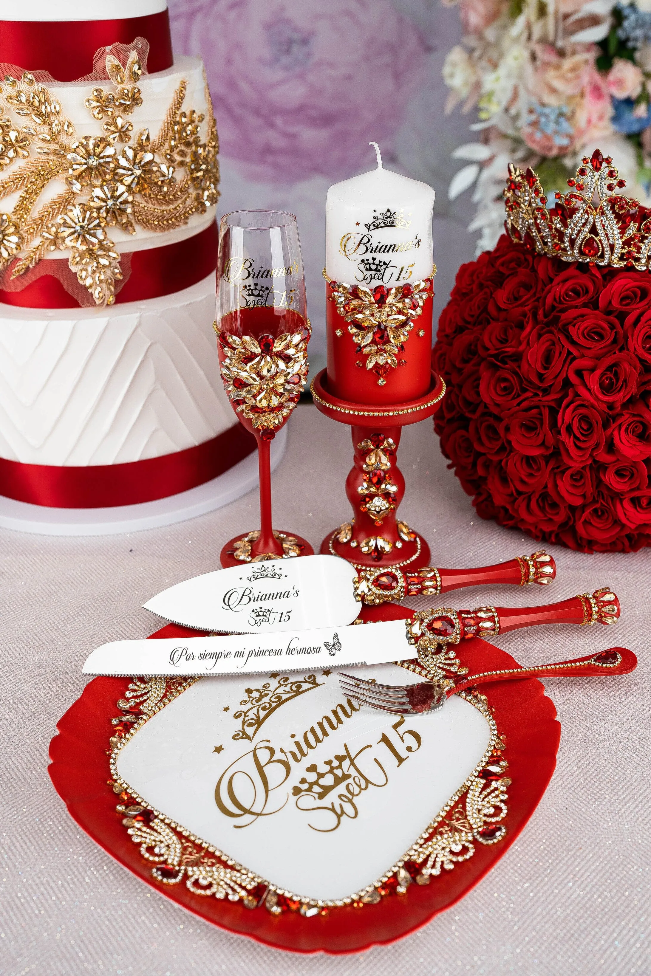 Red 15 candle ceremony for quinceanera